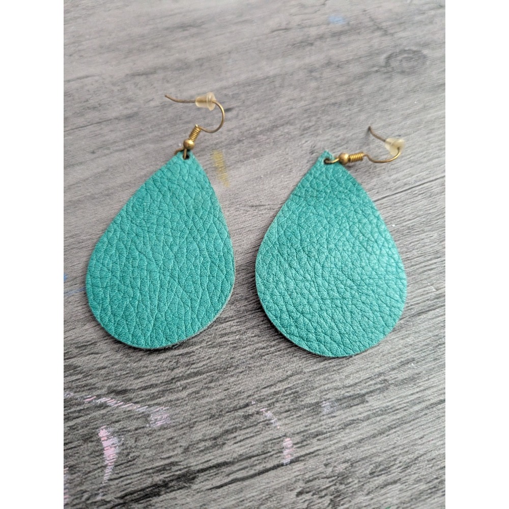 Turquoise Pebbled Leather Teardrop Earrings Boho Teal Dangle Handmade Jewelry